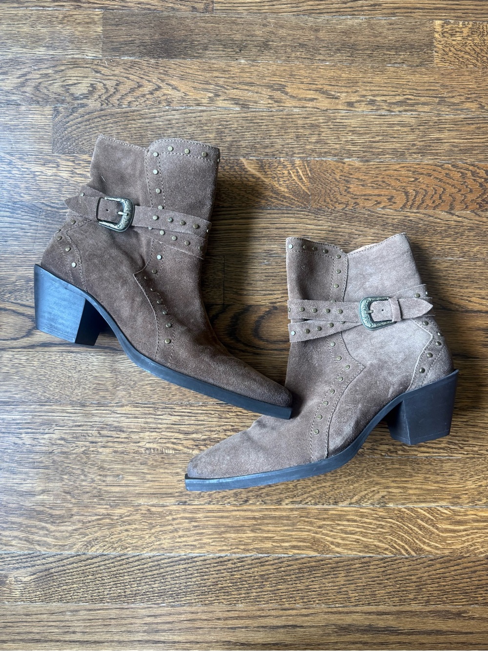 Crown Vintage Brown Suede Studded Buckle Ankle Boots